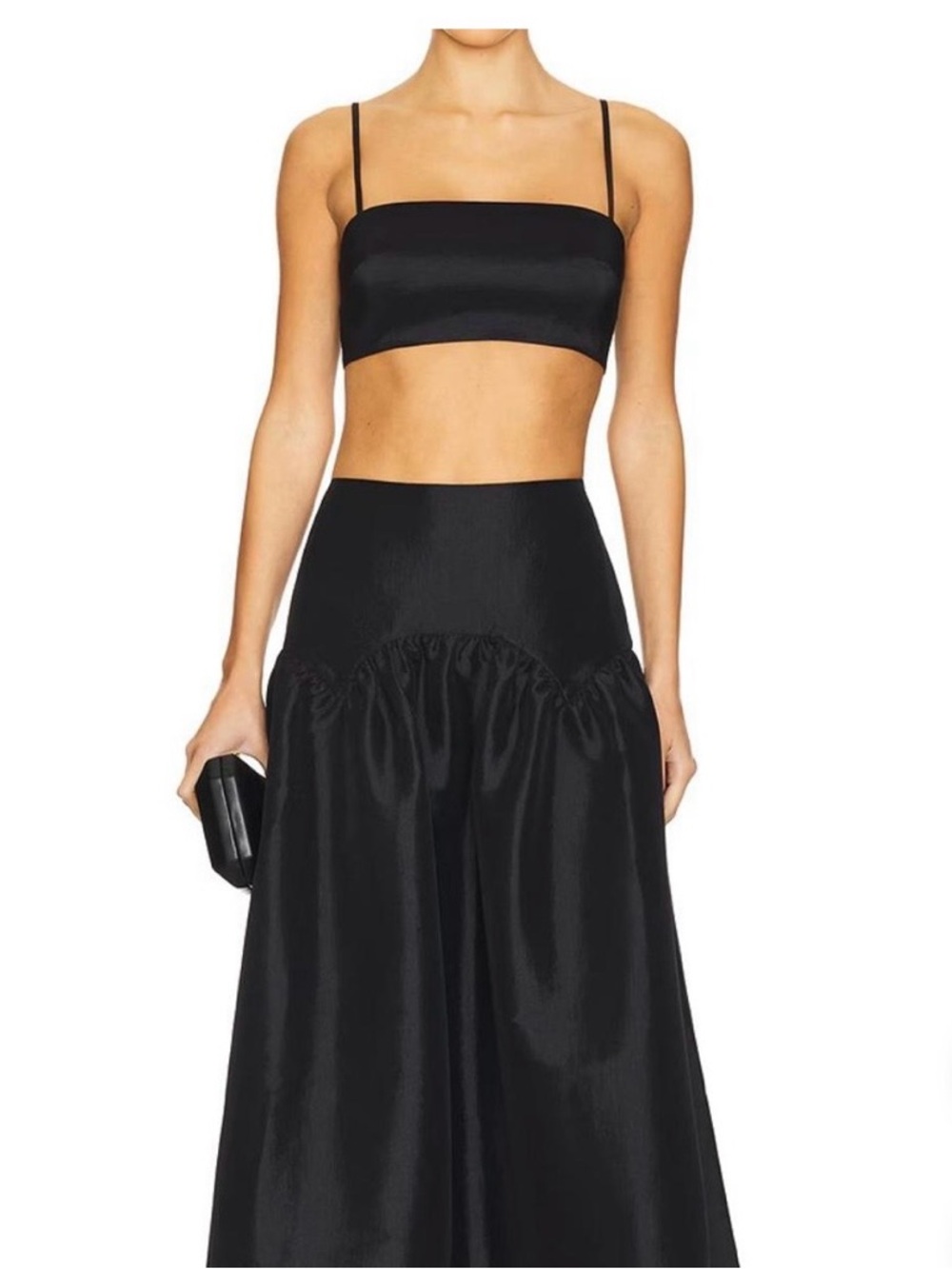 Women’s Black Satin Dropped Waist Maxi Skirt and Bralette Top